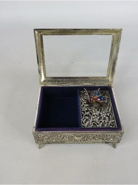 Sankyo Japan Silver Filigree Jewelry Box with Velvet Lining & Enamel Butterfly